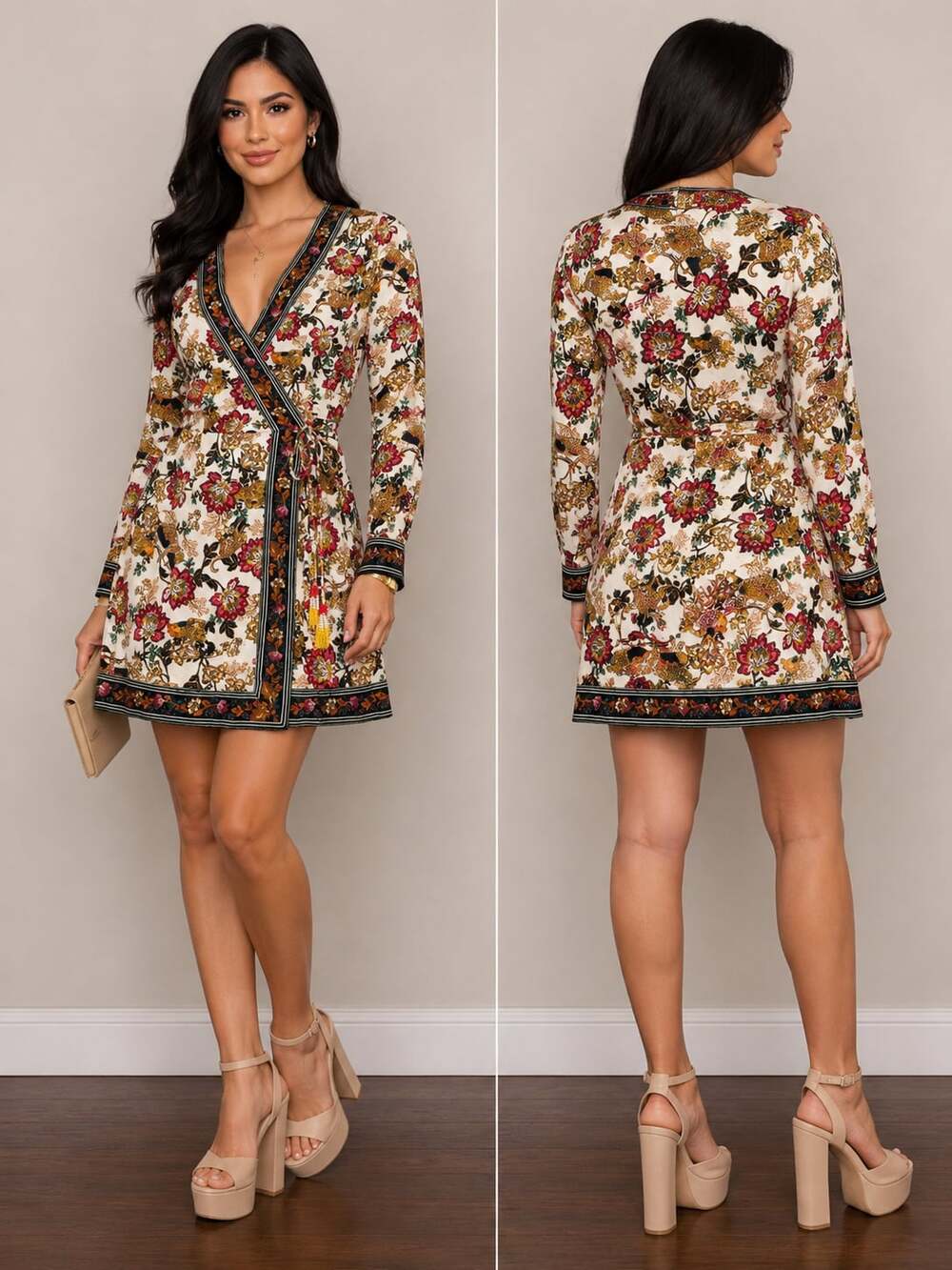 FARM Rio for Anthropologie Long-Sleeve Floral Tapestry Wrap Mini Dress
M127